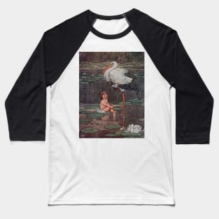 Baby and Stork Vintage Fairy Tale Illustration Baseball T-Shirt